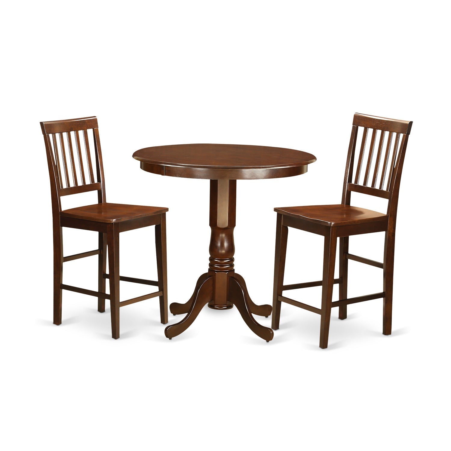 Juego de encimera de cocina de 3 piezas East West Furniture JAVN3-MAH-W para espacios pequeños. Contiene una mesa de comedor redonda con pedestal y 2 sillas de comedor.
