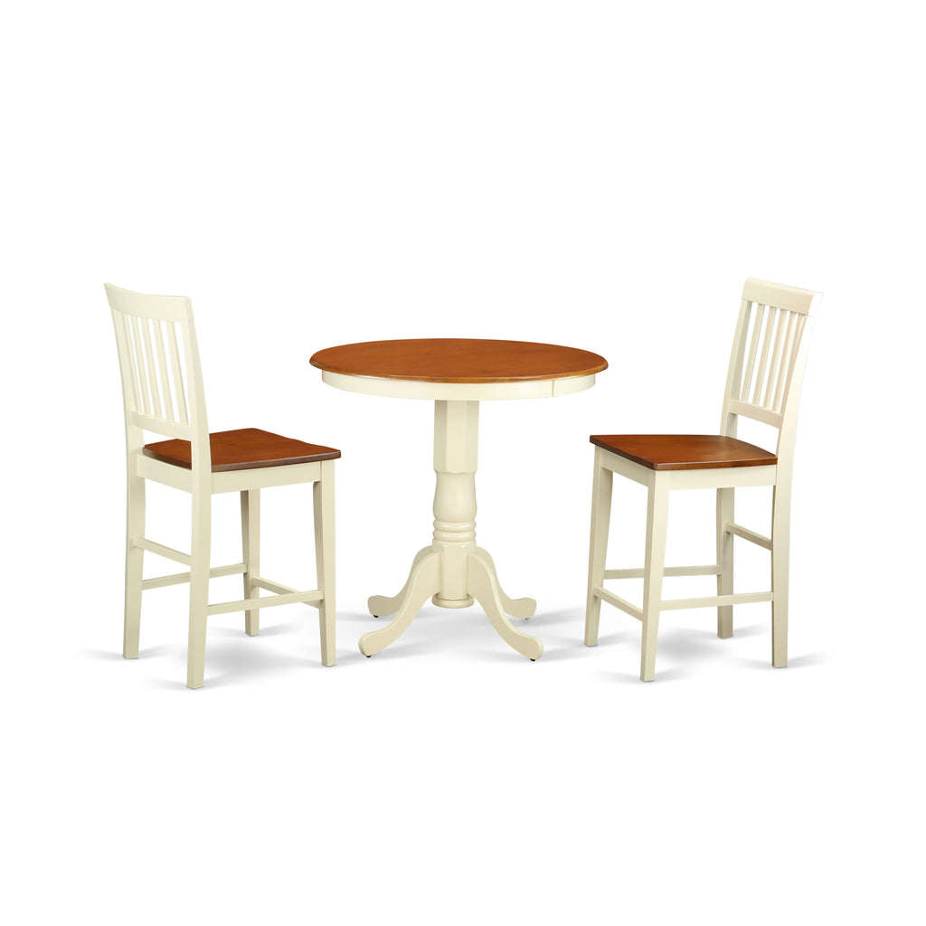 East West Furniture JAVN3-WHI-W 3 Piece Counter Height Dining Set for Small Spaces Contains a Round Dining Room Table with Pedestal and 2 Wooden Seat Chairs, 36x36 Inch, Buttermilk & Cherry