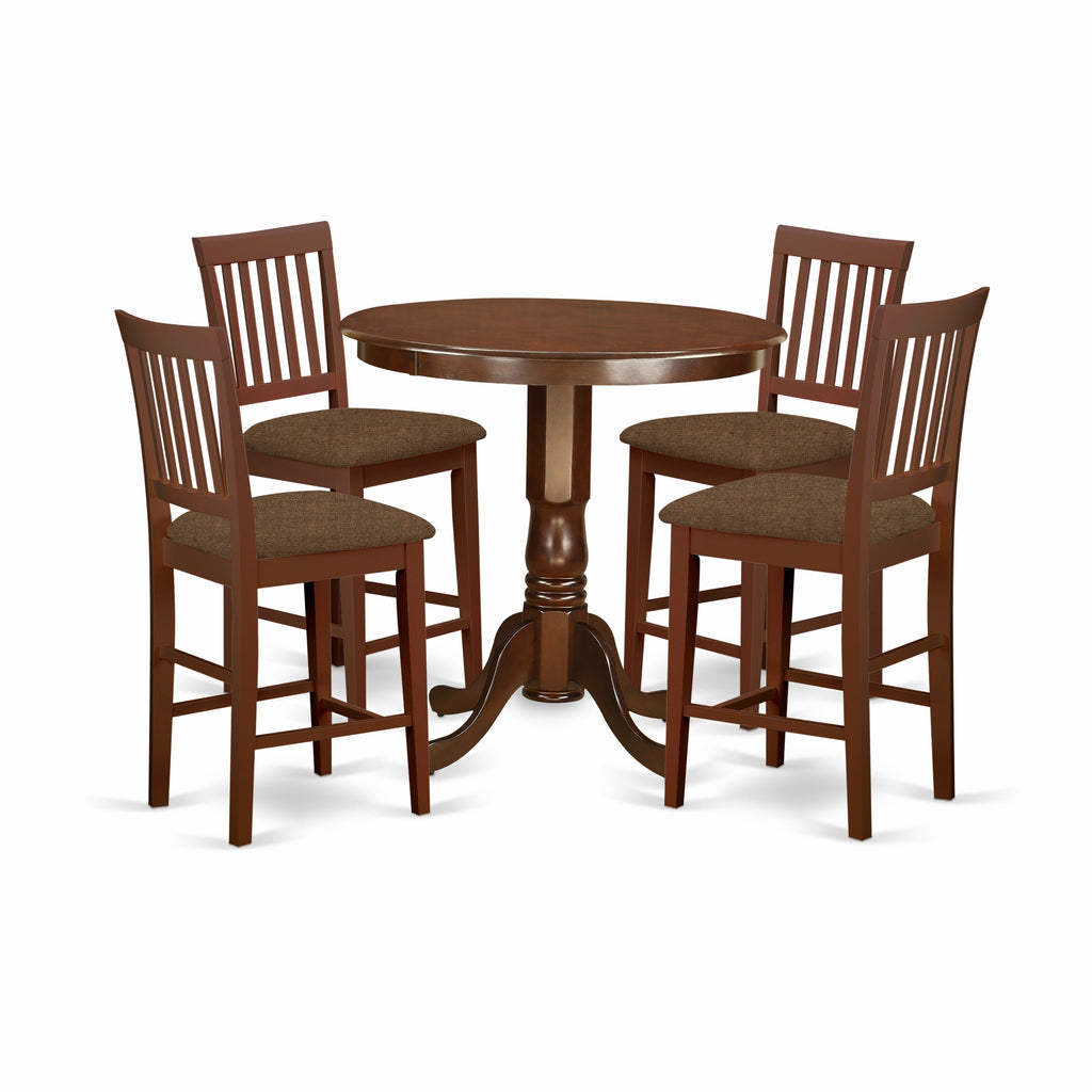 East West Furniture JAVN5-MAH-C 5 Piece Kitchen Counter Set Includes a Round Dining Table with Pedestal and 4 Linen Fabric Dining Room Chairs