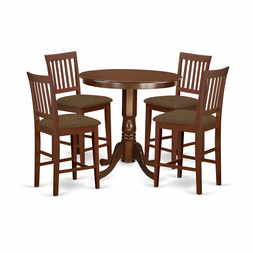 East West Furniture JAVN5-MAH-C 5 Piece Kitchen Counter Set Includes a Round Dining Table with Pedestal and 4 Linen Fabric Dining Room Chairs, 36x36 Inch, Mahogany