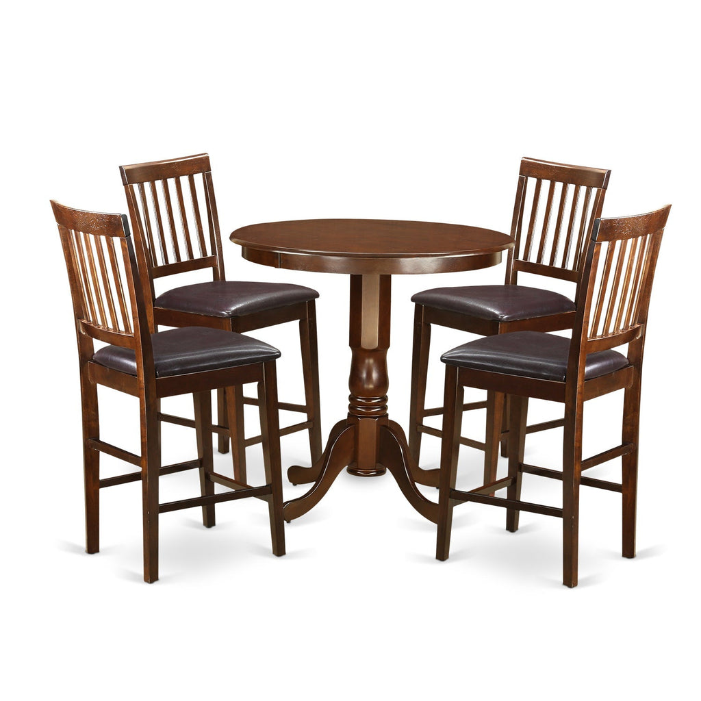 East West Furniture JAVN5-MAH-LC 5 Piece Counter Height Dining Table Set Includes a Round Kitchen Table with Pedestal and 4 Faux Leather Dining Room Chairs, 36x36 Inch, Mahogany