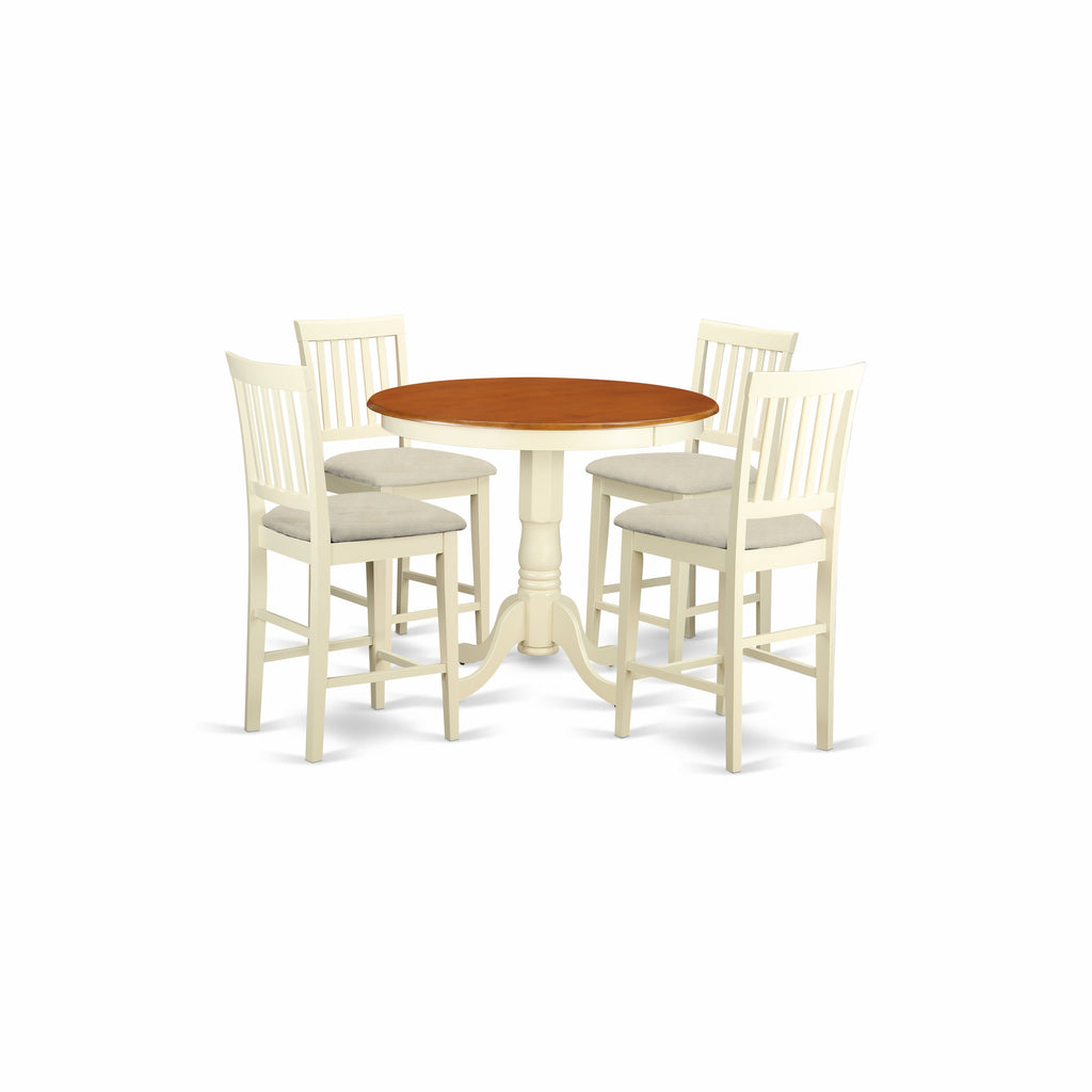 Juego de mesa de comedor de 5 piezas East West Furniture JAVN5-WHI-C con altura de mostrador. Incluye una mesa redonda de madera con pedestal y 4 sillas de comedor de cocina de tela de lino.
