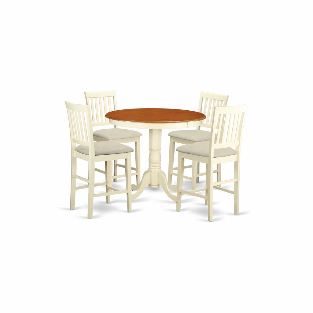 East West Furniture JAVN5-WHI-C 5 Piece Counter Height Dining Table Set Includes a Round Wooden Table with Pedestal and 4 Linen Fabric Kitchen Dining Chairs, 36x36 Inch, Buttermilk & Cherry