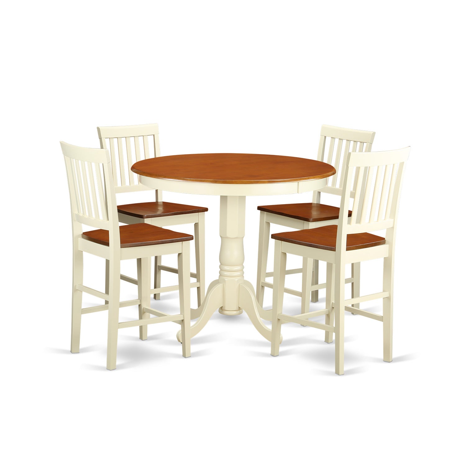 Juego de comedor de 5 piezas East West Furniture JAVN5-WHI-W con altura de mostrador. Incluye una mesa de comedor redonda con pedestal y 4 sillas de cocina.