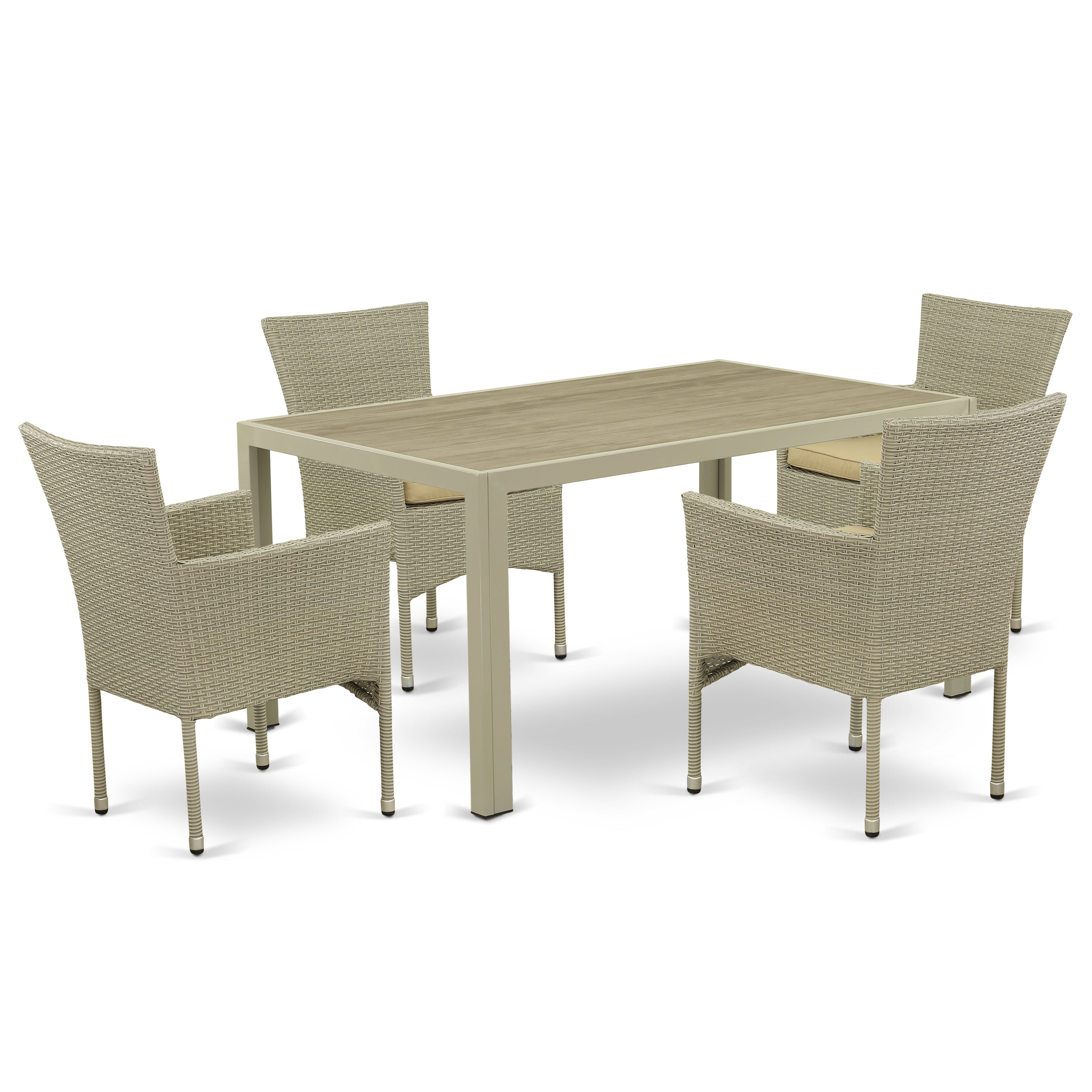 East West Furniture JUBK5-03A Juego de muebles de patio de mimbre para exterior de 5 piezas Incluye una mesa de comedor de bistró rectangular con tapa de vidrio y 4 sillones de balcón con cojín