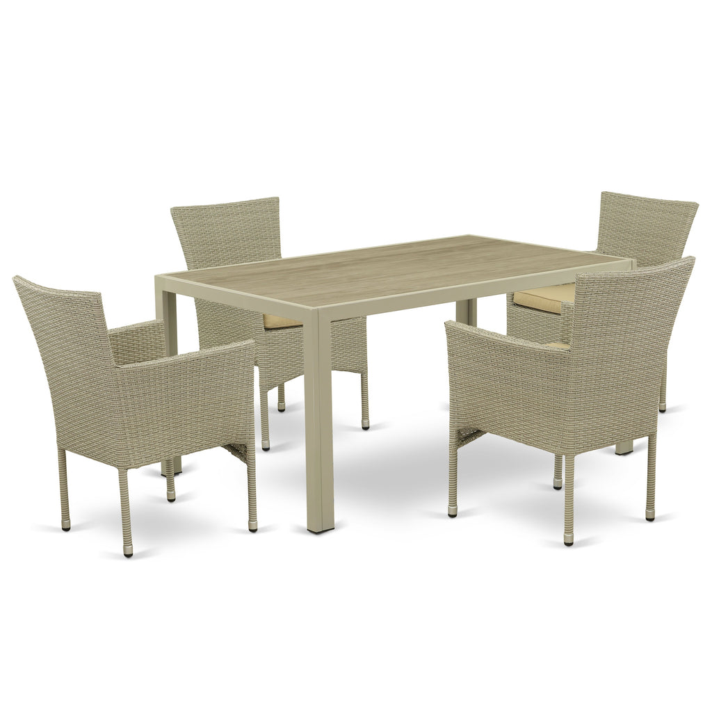 East West Furniture JUBK5-03A Juego de muebles de patio de mimbre para exterior de 5 piezas Incluye una mesa de comedor de bistró rectangular con tapa de vidrio y 4 sillones de balcón con cojín