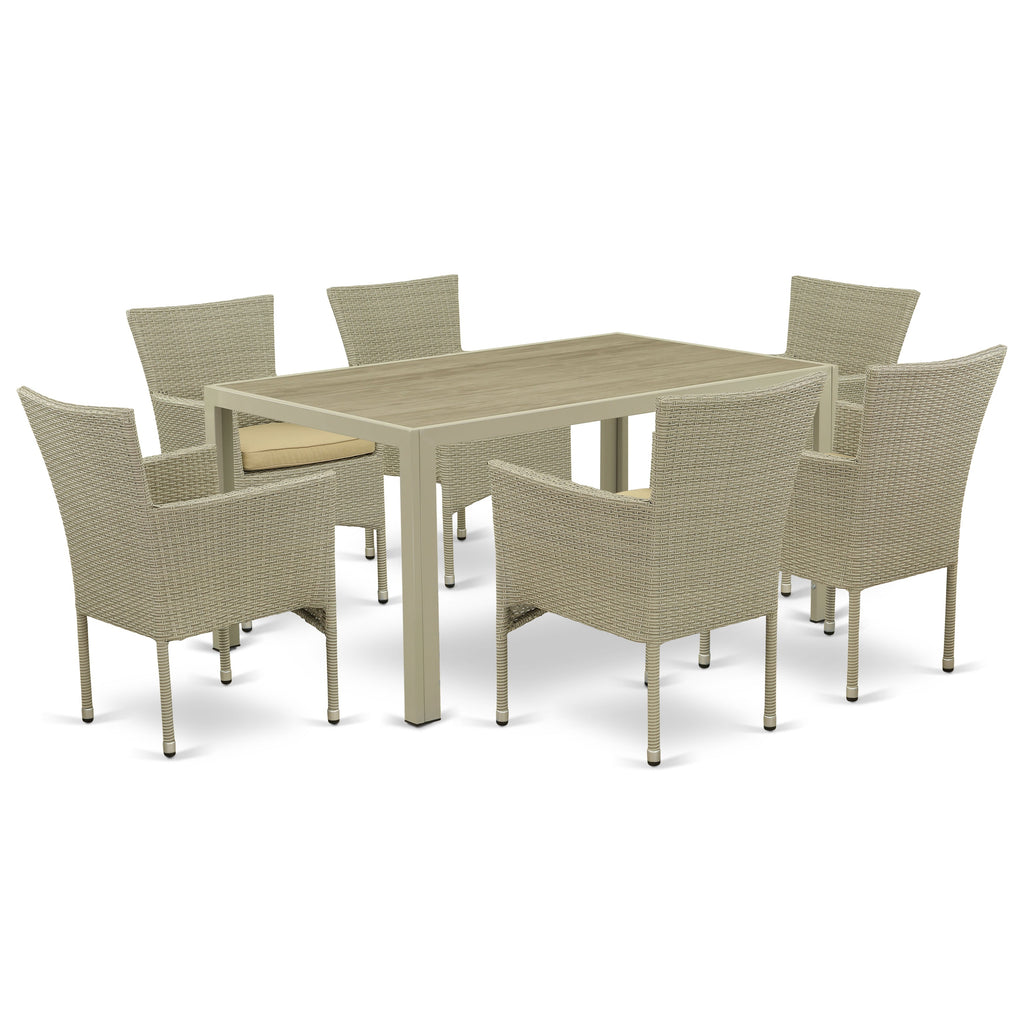 East West Furniture JUBK7-03A Juego de muebles de patio de 7 piezas Juego de exterior de mimbre compuesto por una mesa de comedor rectangular con tapa de vidrio y 6 sillones de balcón con cojín