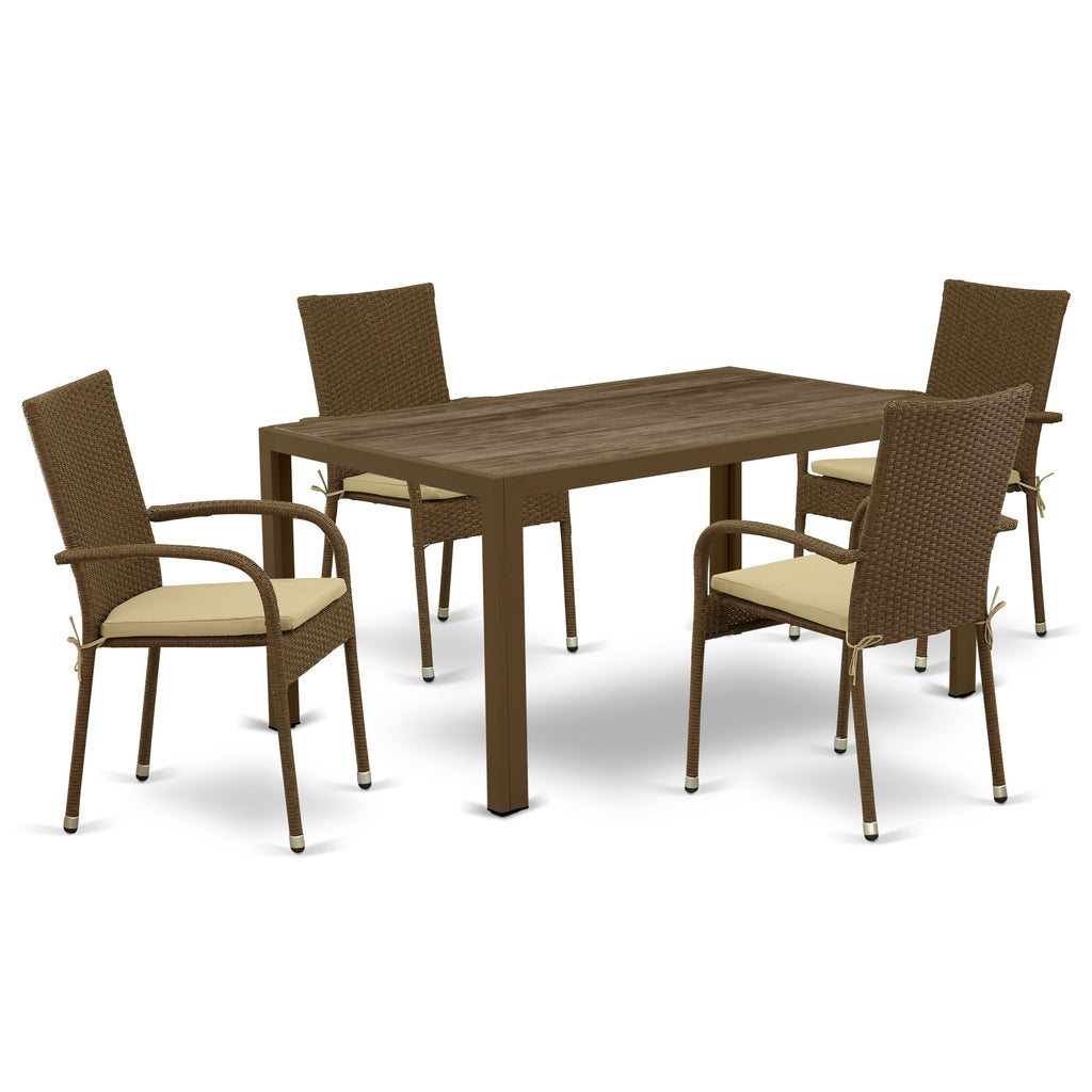 East West Furniture JUGU5-02A Conjunto de conversación para patio al aire libre de 5 piezas Incluye una mesa de comedor rectangular de mimbre con tapa de vidrio y 4 sillones para balcón y patio trasero con cojín
