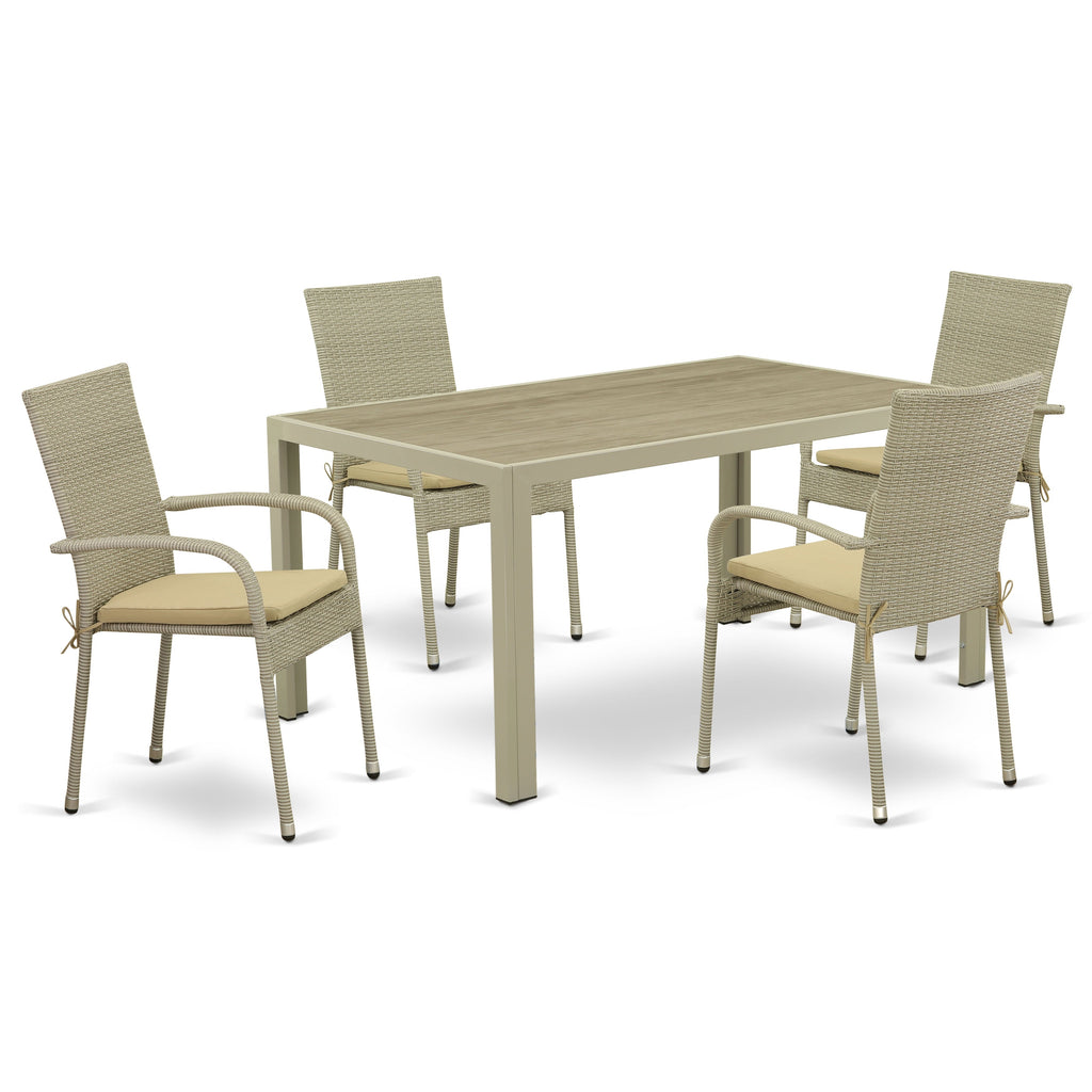 East West Furniture JUGU5-03A 5 Piece Outdoor Wicker Patio Furniture Sets Includes a Rectangle Bistro Dining Table with Glass Top and 4 Balcony Armchair with Cushion, 36x60 Inch, Natural Linen