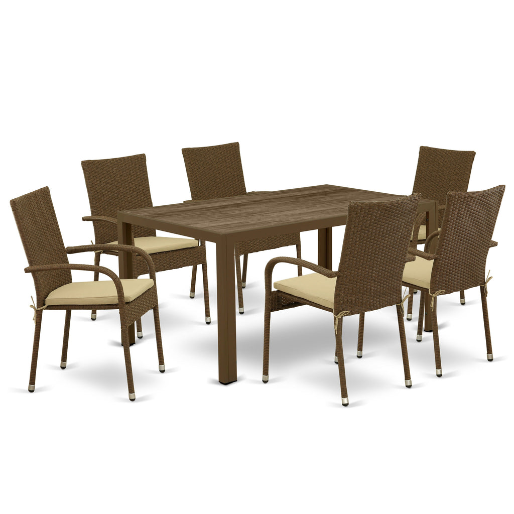 Los juegos de conversación para patio al aire libre JUGU7-02A de 7 piezas de East West Furniture constan de una mesa de comedor rectangular de mimbre con tapa de vidrio y 6 sillones de jardín con cojín.