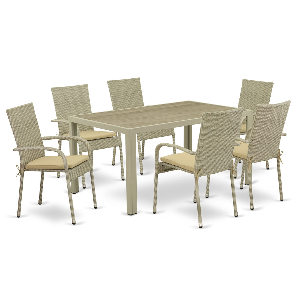 Juego de muebles de patio de mimbre East West Furniture JUGU7-03A de 7 piezas que consta de una mesa rectangular para exterior con cubierta de vidrio y 6 sillones para balcón y patio trasero con cojín.