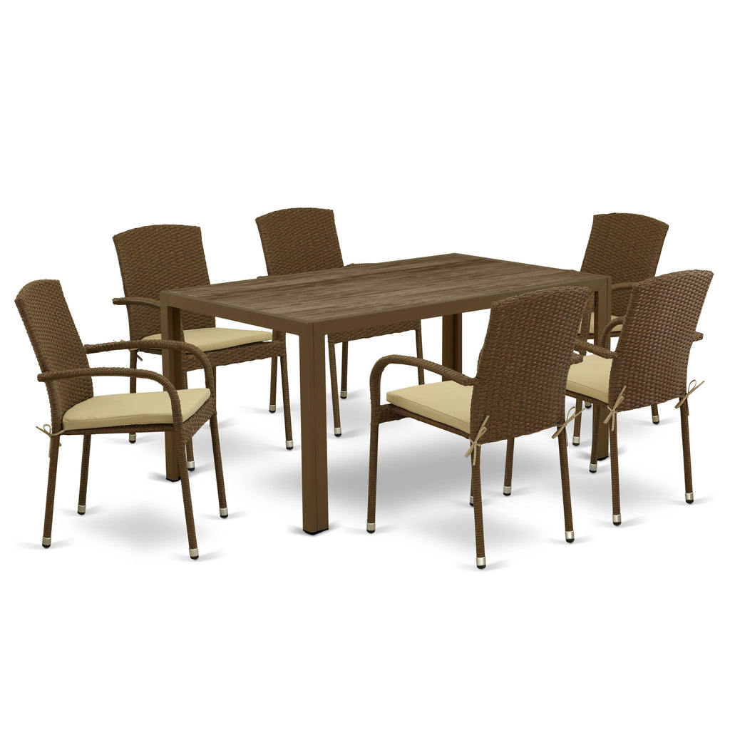 East West Furniture JUJU7-02A Juego de muebles de patio de 7 piezas Juego de exterior de mimbre compuesto por una mesa de comedor rectangular con tapa de vidrio y 6 sillones de balcón con cojín