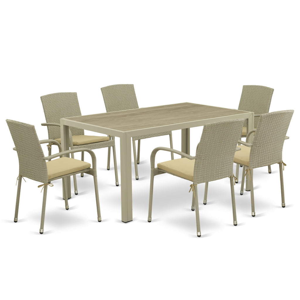 Los juegos de muebles de patio de mimbre para exterior JUJU7-03A de East West Furniture de 7 piezas constan de una mesa de comedor tipo bistró rectangular con tapa de vidrio y 6 sillones de balcón con cojín.