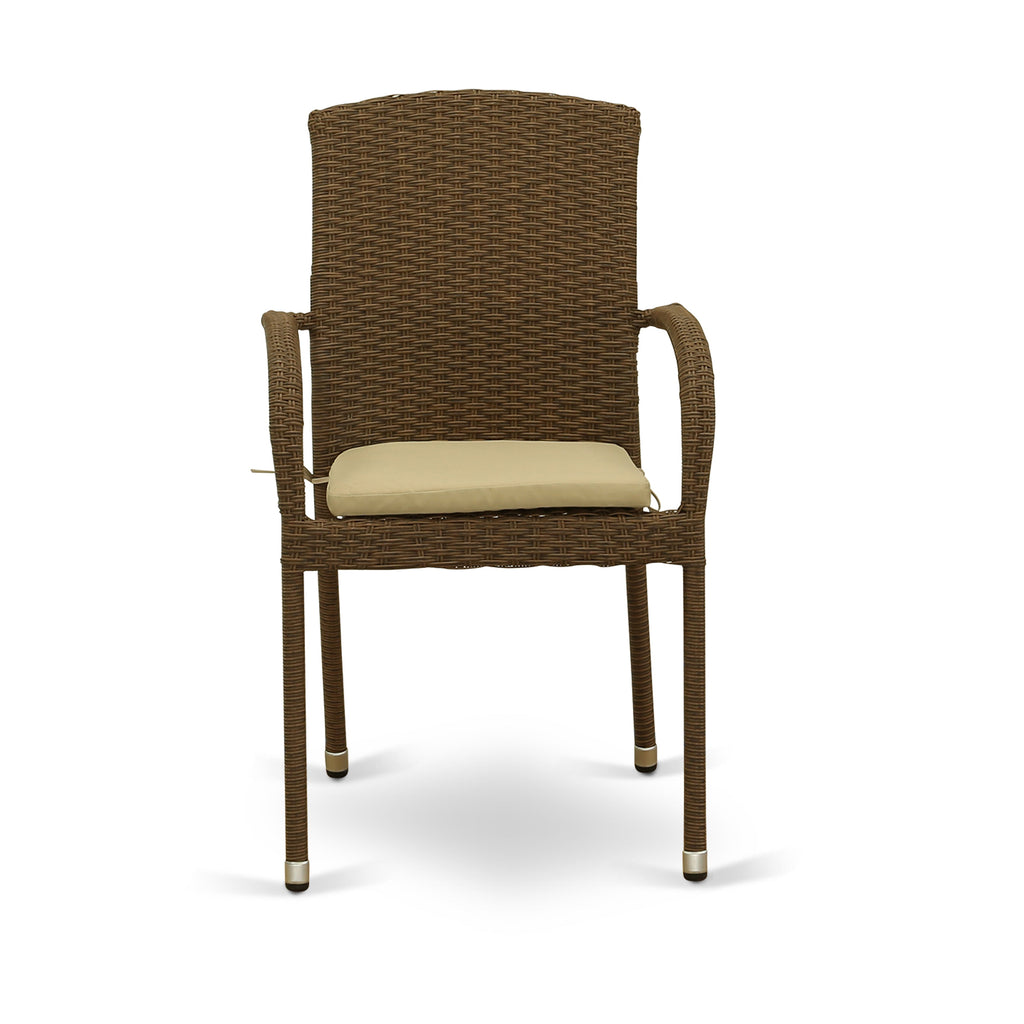 East West Furniture GUJU7-02A 7 Piece Outdoor Wicker Patio Furniture Sets Consist of a Rectangle Bistro Dining Table with Glass Top and 6 Balcony Armchair with Cushion