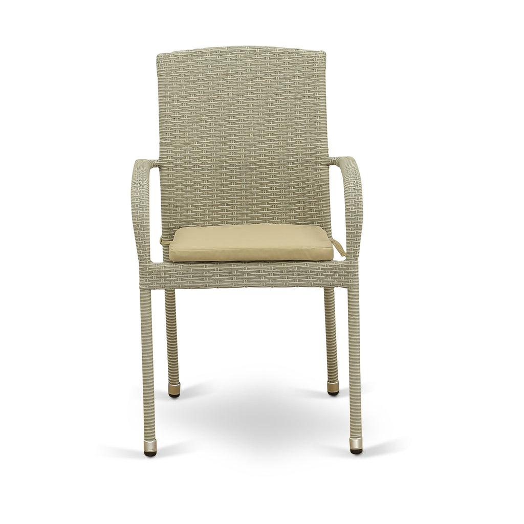 East West Furniture GUJU7-03A 7 Piece Outdoor Patio Conversation Sets Consist of a Rectangle Wicker Dining Table with Glass Top and 6 Backyard Armchair with Cushion