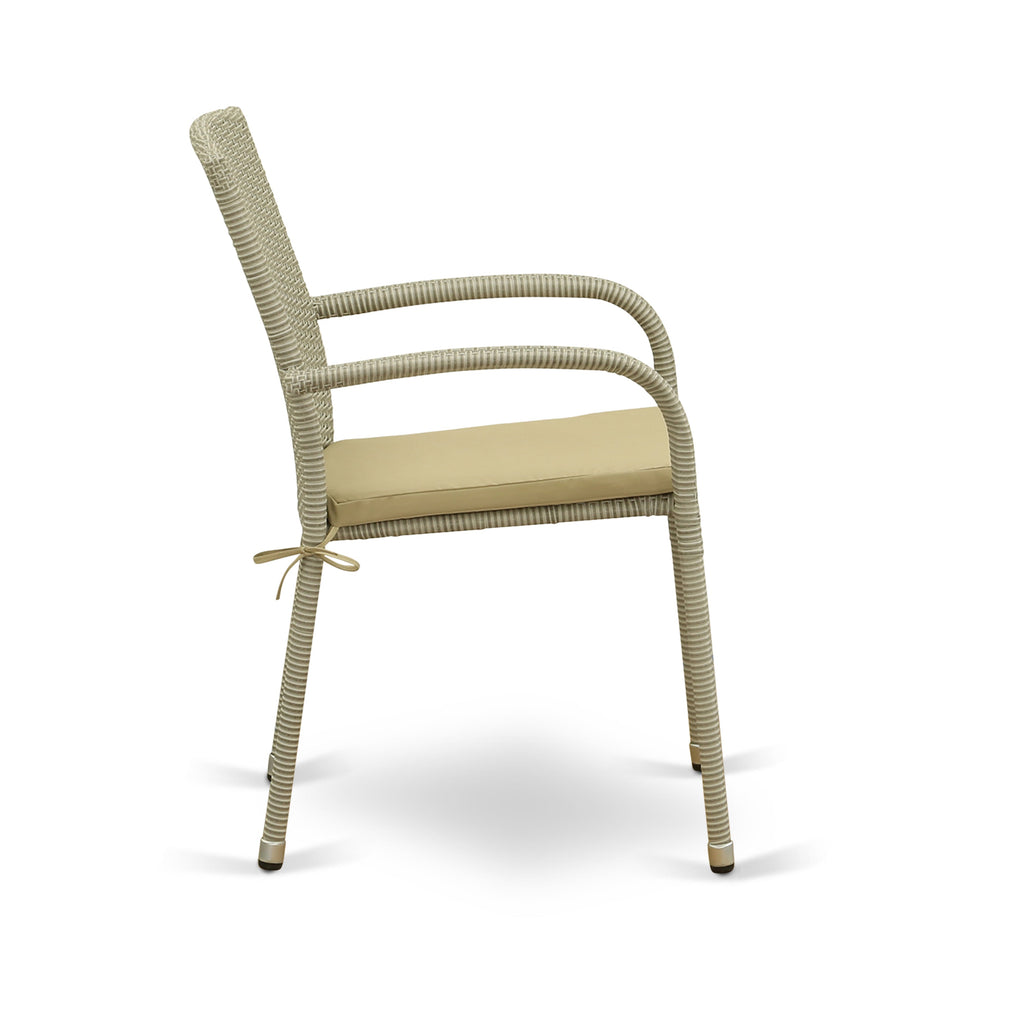 Los juegos de muebles de patio de mimbre para exterior JUJU7-03A de East West Furniture de 7 piezas constan de una mesa de comedor tipo bistró rectangular con tapa de vidrio y 6 sillones de balcón con cojín.