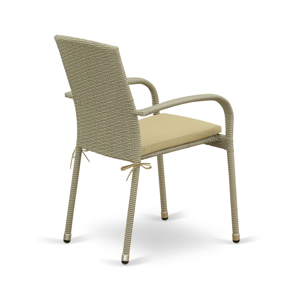 East West Furniture GUJU7-03A 7 Piece Outdoor Patio Conversation Sets Consist of a Rectangle Wicker Dining Table with Glass Top and 6 Backyard Armchair with Cushion
