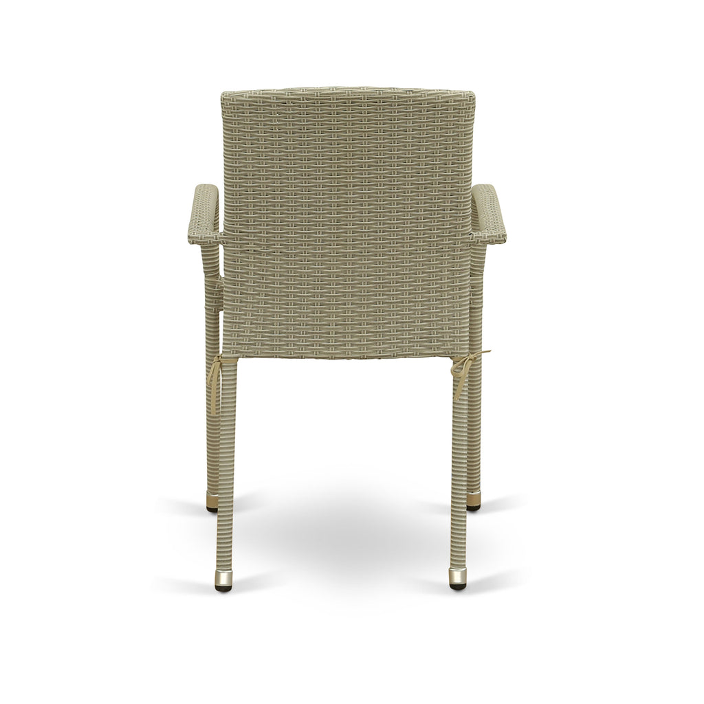 East West Furniture GUJU7-03A 7 Piece Outdoor Patio Conversation Sets Consist of a Rectangle Wicker Dining Table with Glass Top and 6 Backyard Armchair with Cushion