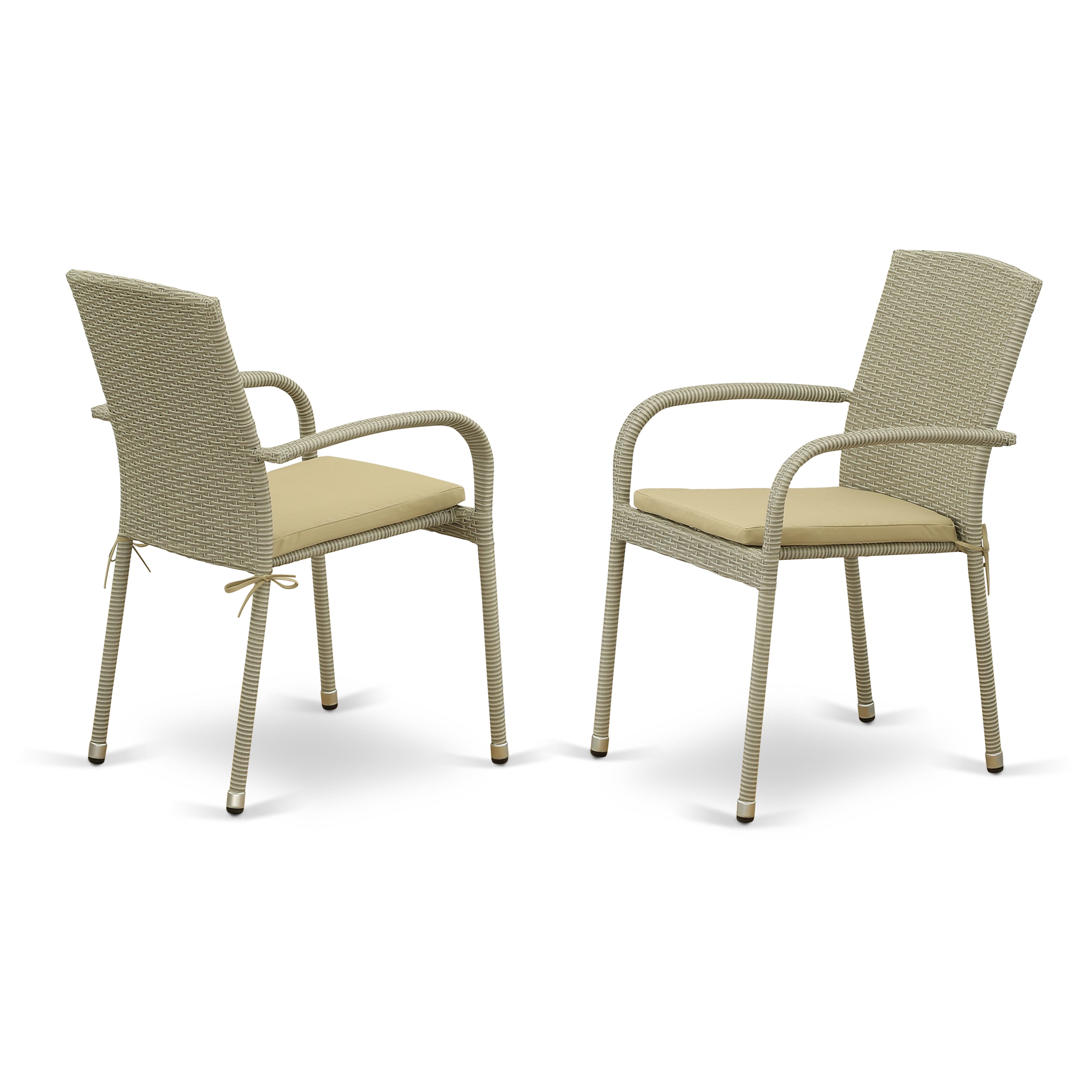 OSJU5-03A 5Pc Outdoor-Furniture Natural Color Wicker Dining Set Includes a Patio Table and 4 Balcony Backyard Armchair with Linen Fabric Cushion