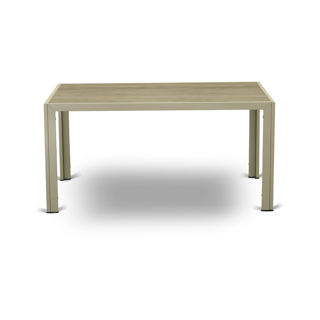 East West Furniture JUBK7-03A Juego de muebles de patio de 7 piezas Juego de exterior de mimbre compuesto por una mesa de comedor rectangular con tapa de vidrio y 6 sillones de balcón con cojín