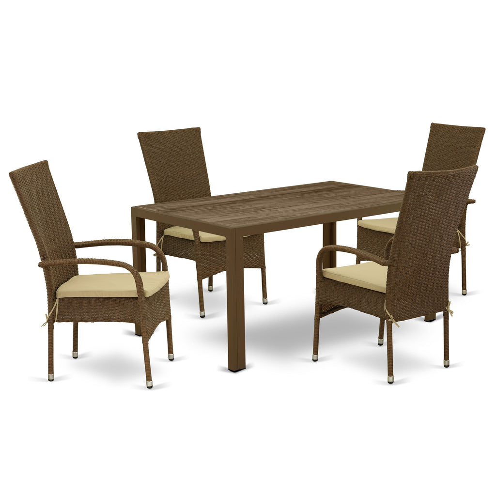 East West Furniture JUOS5-02A 5 Piece Outdoor Patio Conversation Sets Includes a Rectangle Wicker Dining Table with Glass Top and 4 Balcony Backyard Armchair with Cushion, 36x60 Inch, Brown