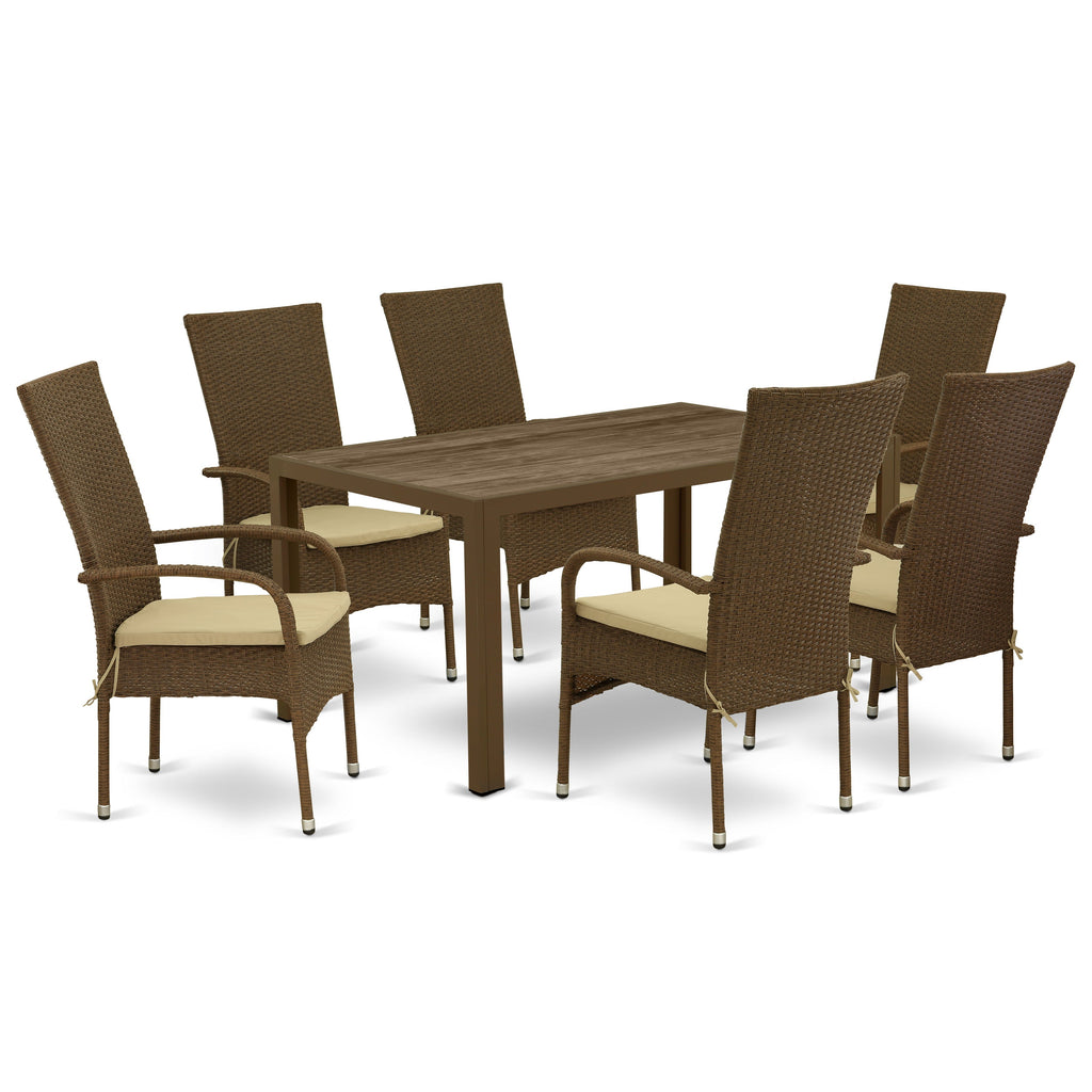 East West Furniture JUOS7-02A 7 Piece Wicker Patio Furniture Set Consist of a Rectangle Outdoor Table with Glass Top and 6 Balcony Backyard Armchair with Cushion