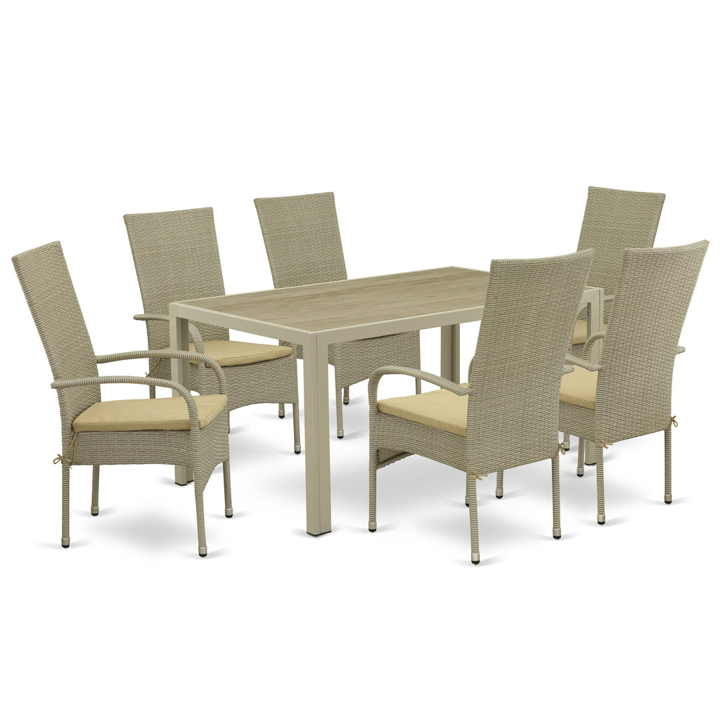 East West Furniture JUOS7-03A 7 Piece Outdoor Patio Conversation Sets Consist of a Rectangle Wicker Dining Table with Glass Top and 6 Backyard Armchair with Cushion