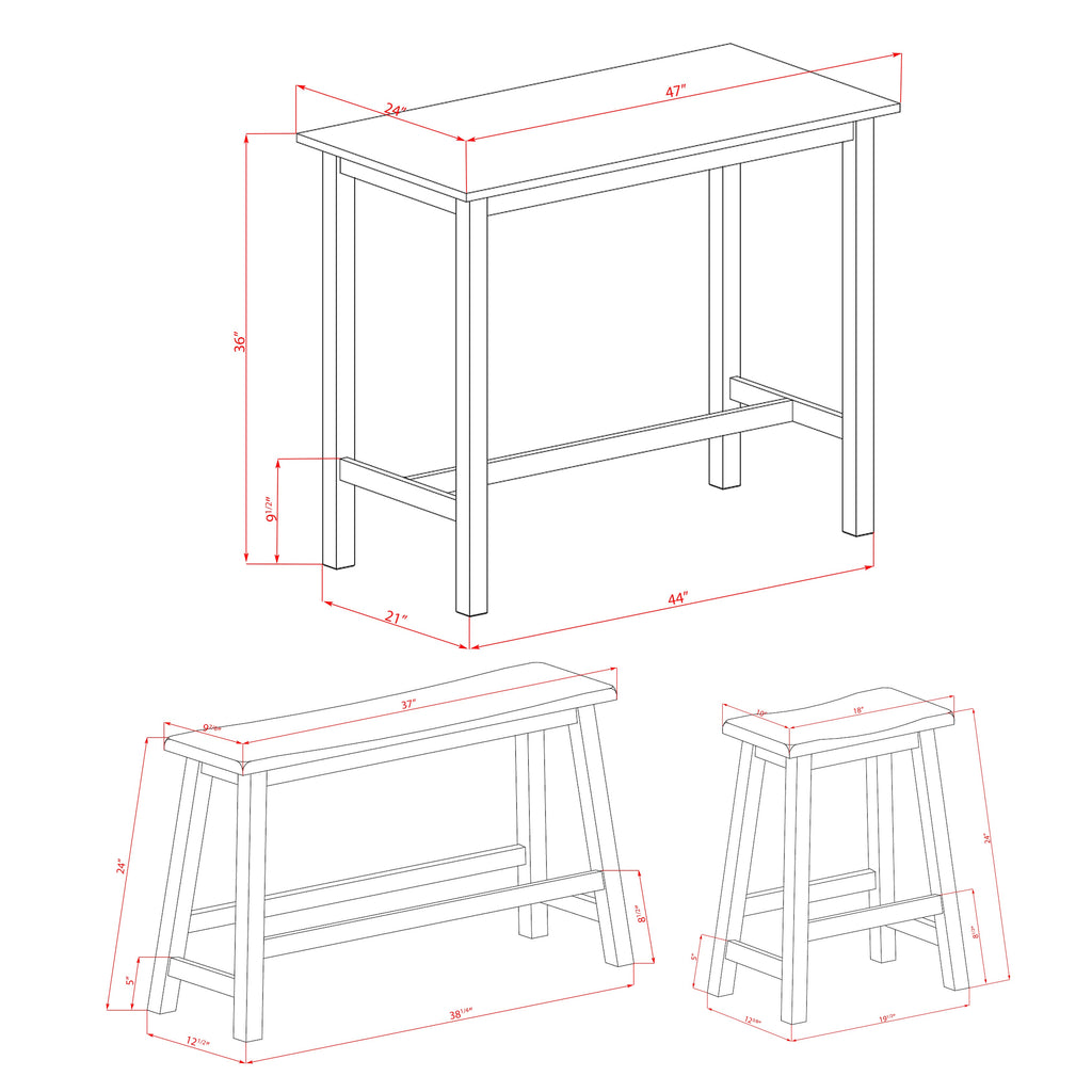 Juego de comedor de 4 piezas KATY4-WBL-W de East West Furniture. Contiene una mesa de comedor rectangular y 2 taburetes con un banco.