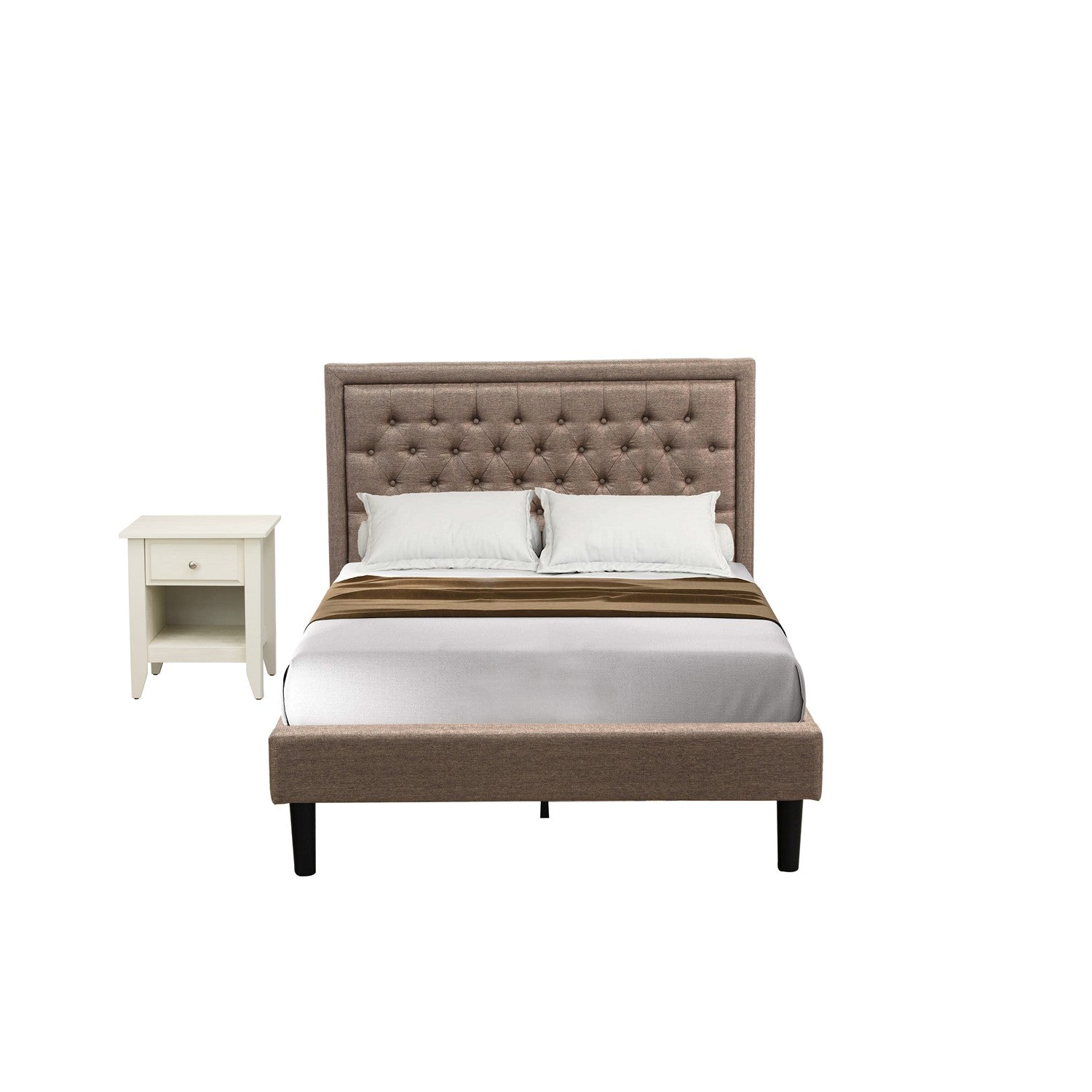 East West Furniture KD16F-1GA0C 2 Piece Full Bedroom Set - 1 Full Size Bed Frame Dark Khaki Linen Fabric Padded and Button Tufted Headboard with 1 Nightstand Bedroom - Wire Brushed Butter Cream Finish Nightstand