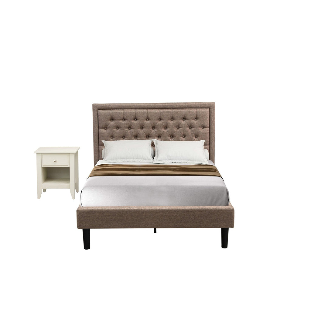 Juego de cama de 2 piezas East West Furniture KD16F-1GA0C tamaño matrimonial: 1 base de cama con plataforma, cabecero acolchado con botones y tela de lino color caqui oscuro, 1 mesita de noche con cajón de madera y patas con acabado negro.