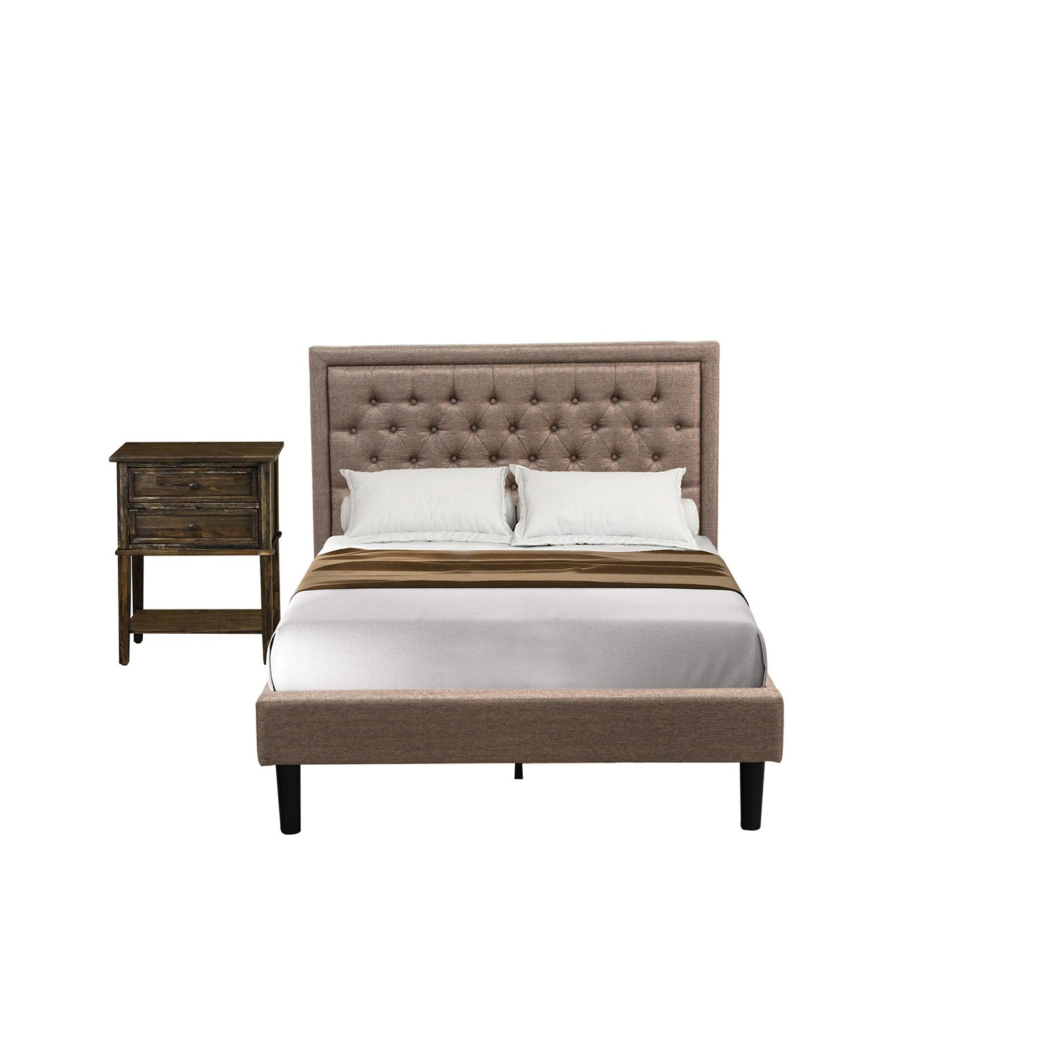 East West Furniture KD16F-1VL07 2 Piece Wooden Bedroom Set - 1 Full Bed Frame Dark Khaki Linen Fabric Padded and Button Tufted Headboard with 1 Night Stands - Distressed Jacobean Finish Nightstand
