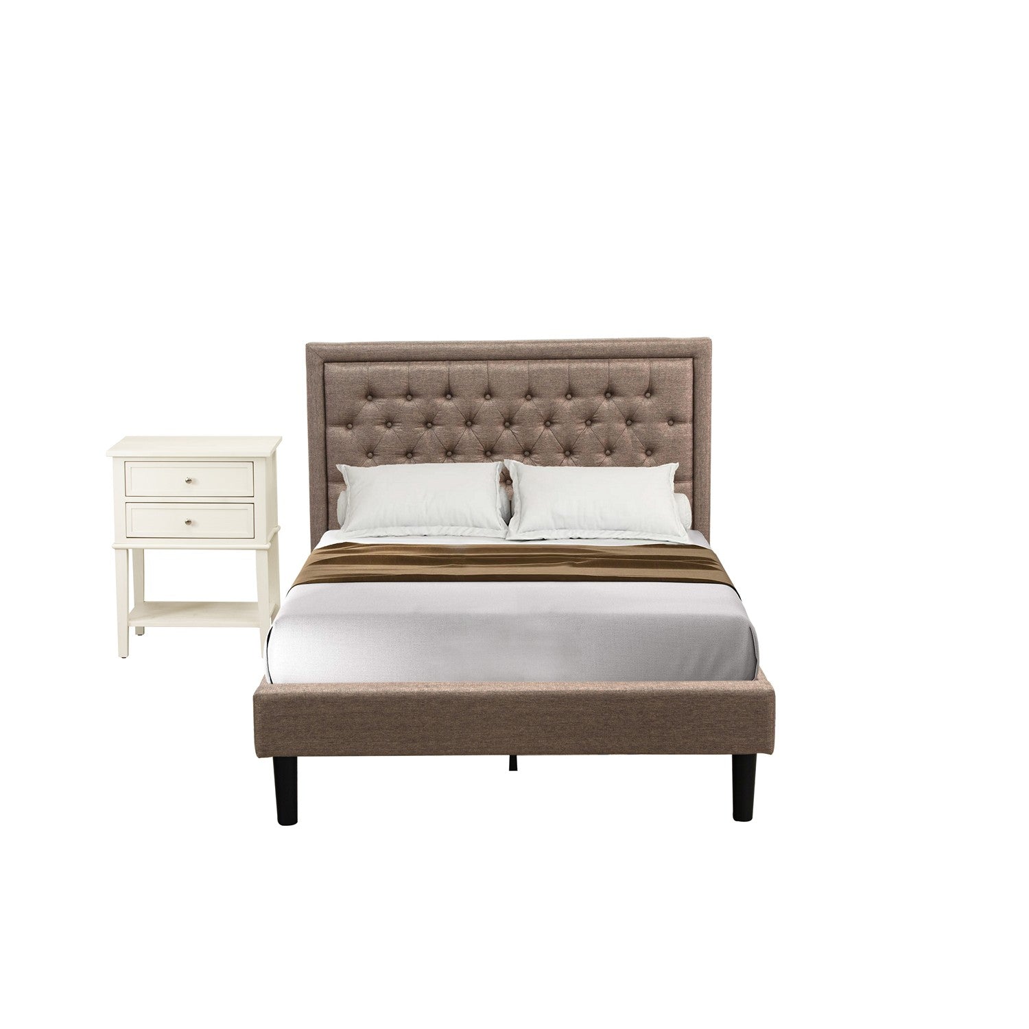 East West Furniture KD16F-1VL0C 2 Piece Wood Bedroom Set - 1 Full Bed Dark Khaki Linen Fabric Padded and Button Tufted Headboard with 1 Night Stands - Wire Brushed Butter Cream Finish Nightstand