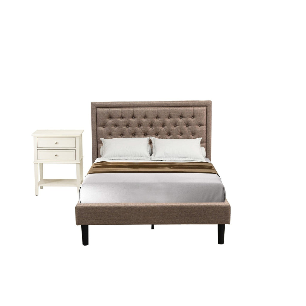 Juego de dormitorio de madera East West Furniture KD16F-1VL0C de 2 piezas: 1 cama de plataforma, cabecero acolchado con botones y tela de lino color caqui oscuro, 1 mesita de noche con cajones de mediados de siglo, patas con acabado negro.