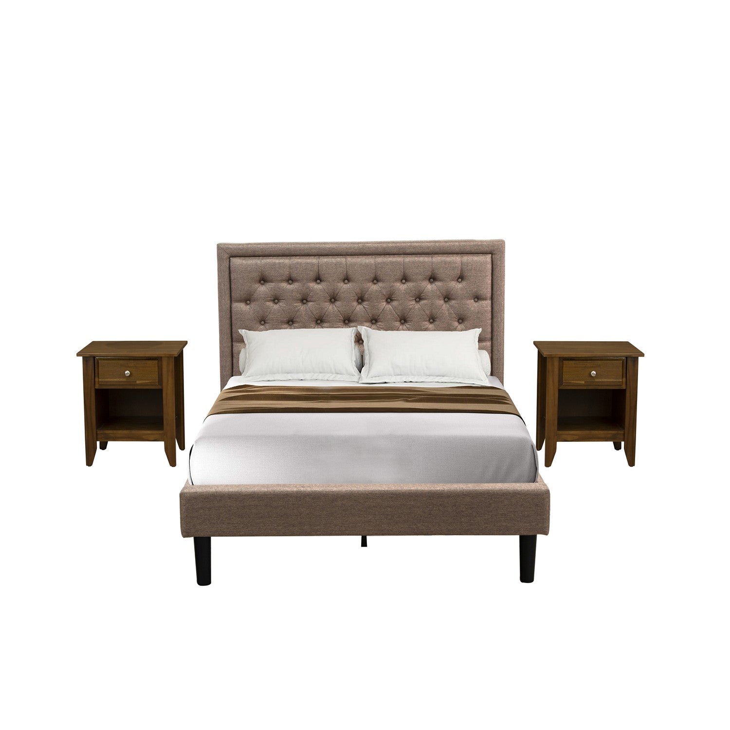 East West Furniture KD16F-2GA08 3 Piece Bed Set - 1 Full Platform Bed Frame Dark Khaki Linen Fabric Padded and Button Tufted Headboard with 2 Bedroom Nightstand - Antique Walnut Finish Nightstand