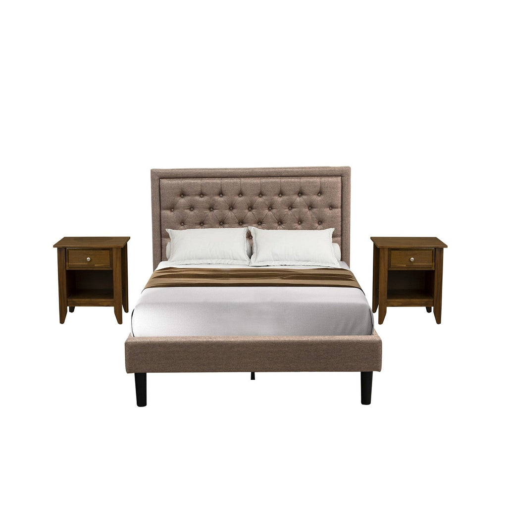 East West Furniture KD16F-2GA08 3 Piece Bed Set - 1 Full Platform Bed Frame Dark Khaki Linen Fabric Padded and Button Tufted Headboard with 2 Bedroom Nightstand - Antique Walnut Finish Nightstand