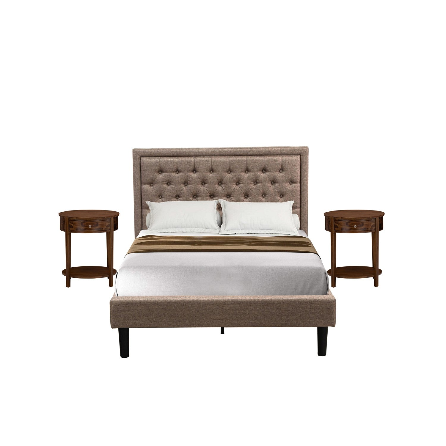 East West Furniture KD16F-2HI08 3 Piece Bed Set - 1 Full Bedframe Dark Khaki Linen Fabric Padded and Button Tufted Headboard with 2 nightstands Bedroom - Antique Walnut Finish Nightstand