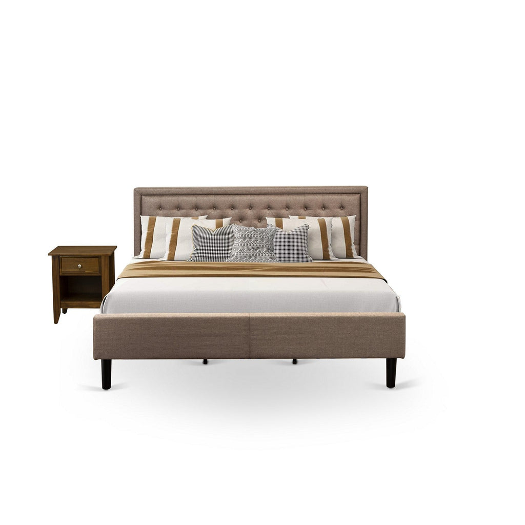 Juego de dormitorio de 2 piezas KD16K-1GA08: 1 cama de madera con cabecero acolchado y capitoné de lino color caqui oscuro, 1 mesita de noche pequeña con cajón de madera y patas con acabado negro.