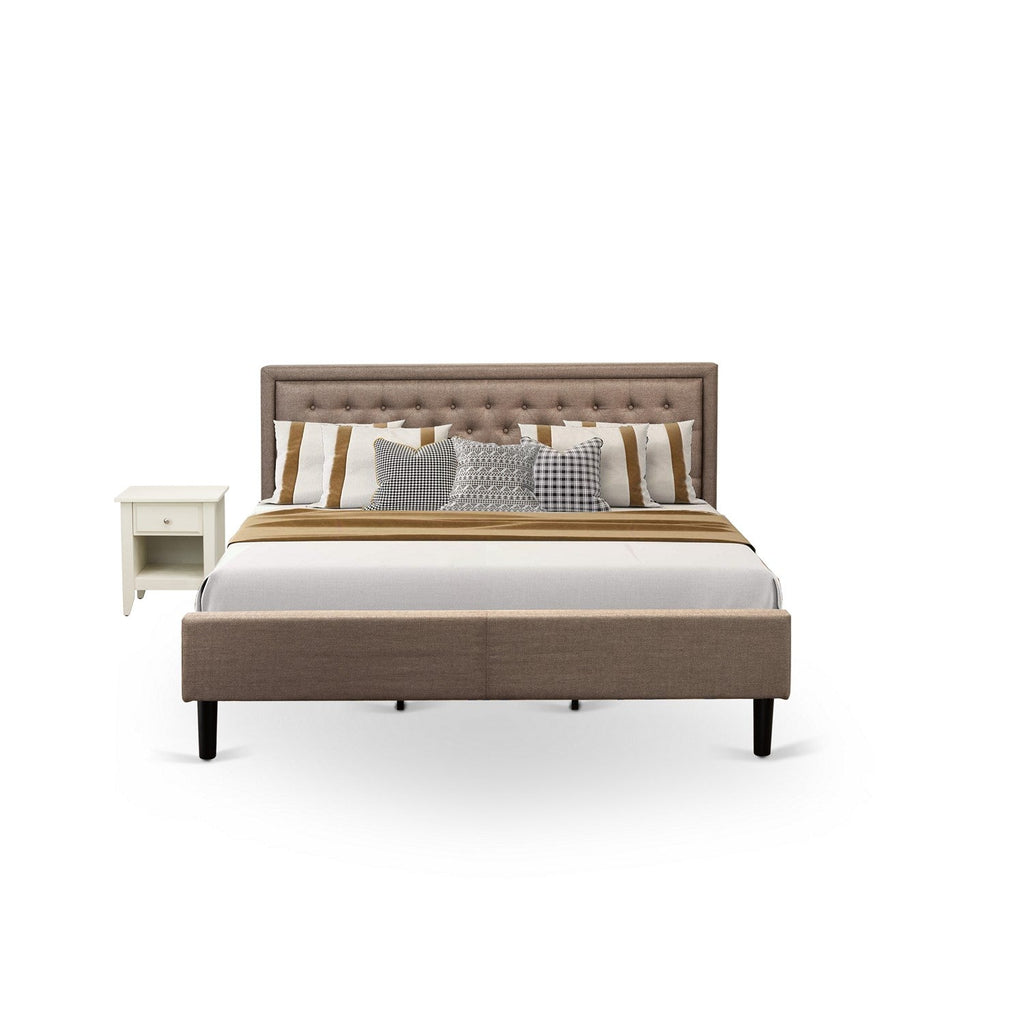 KD16K-1GA0C Juego de cama tamaño king de 2 piezas: 1 cama tamaño king, cabecero acolchado con botones y tela de lino color caqui oscuro, 1 mesita de noche con cajón de madera y patas con acabado negro.