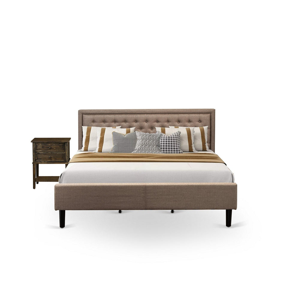 KD16K-1VL07 Juego de dormitorio de madera de 2 piezas: 1 cama tamaño king, cabecero acolchado con botones y tela de lino color caqui oscuro, 1 mesita de noche con cajones de madera y patas con acabado negro.