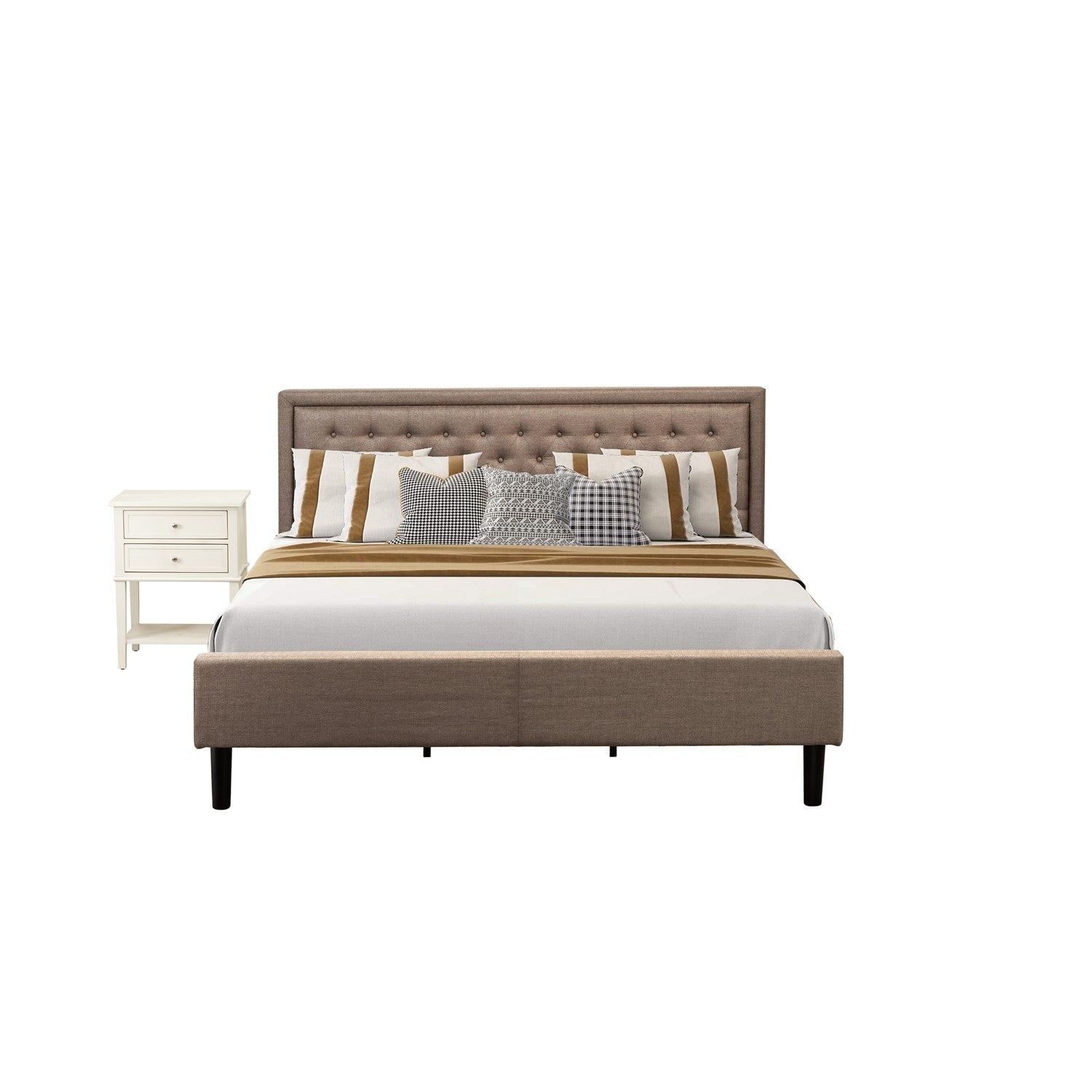 East West Furniture KD16K-1VL0C 2 Piece King Size Bed Set - 1 Bed frame Brown Linen Fabric Padded and Button Tufted Headboard with 1 Small Nightstand - Wire Brushed Butter Cream Finish Nightstand
