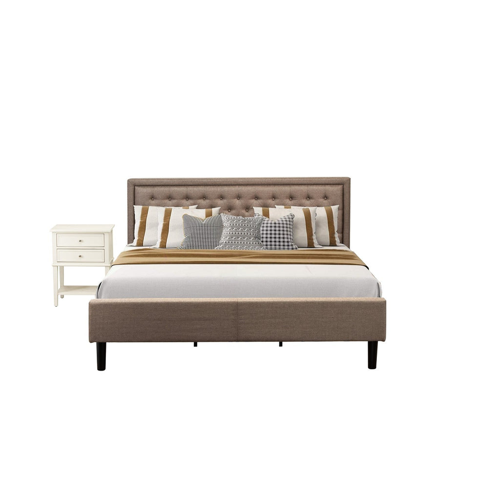 Juego de cama de 2 piezas KD16K-1VL0C: 1 cama de madera con cabecero acolchado y capitoné de lino color caqui oscuro; 1 mesita de noche con cajones de madera; patas con acabado negro.