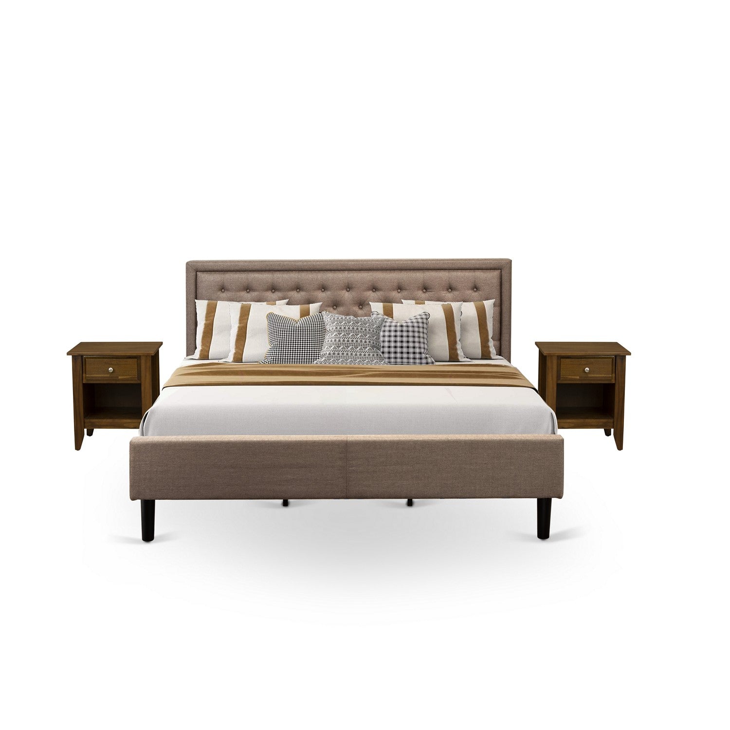 East West Furniture KD16K-2GA08 3 Piece King Bed Set - 1 King Bed Brown Linen Fabric Padded and Button Tufted Headboard with 2 Night Stands For Bedroom - Antique Walnut Finish Nightstand