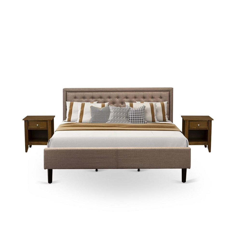 KD16K-2GA08 3 Pc Bedroom Set - 1 Platform Bed Frame Dark Khaki Linen Fabric Padded and Button Tufted Headboard - 2 Wooden Nightstand with Modern Drawer - Black Finish Legs