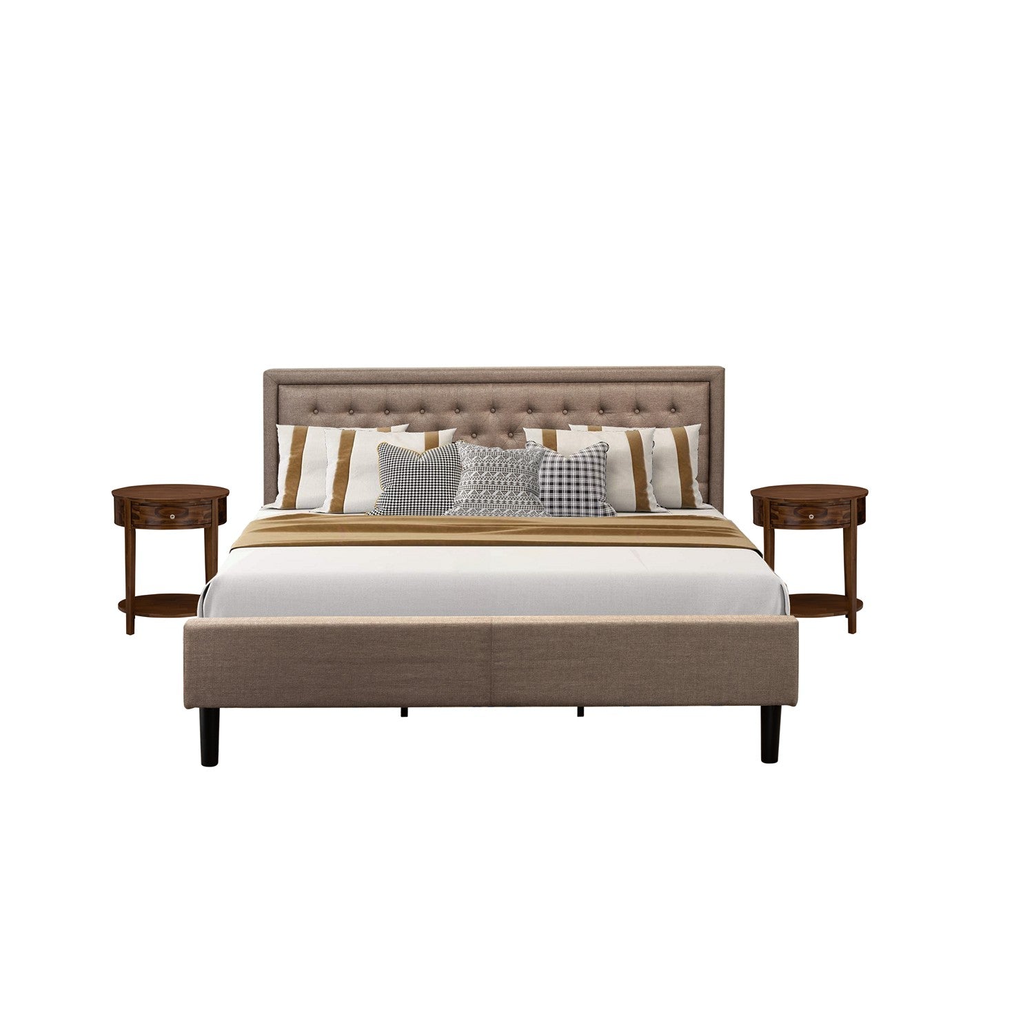 Juego de dormitorio de 3 piezas East West Furniture KD16K-2HI08: 1 cama con plataforma, cabecero acolchado con botones y tela de lino color caqui oscuro, 2 mesitas de noche pequeñas con cajón de madera y patas con acabado negro.