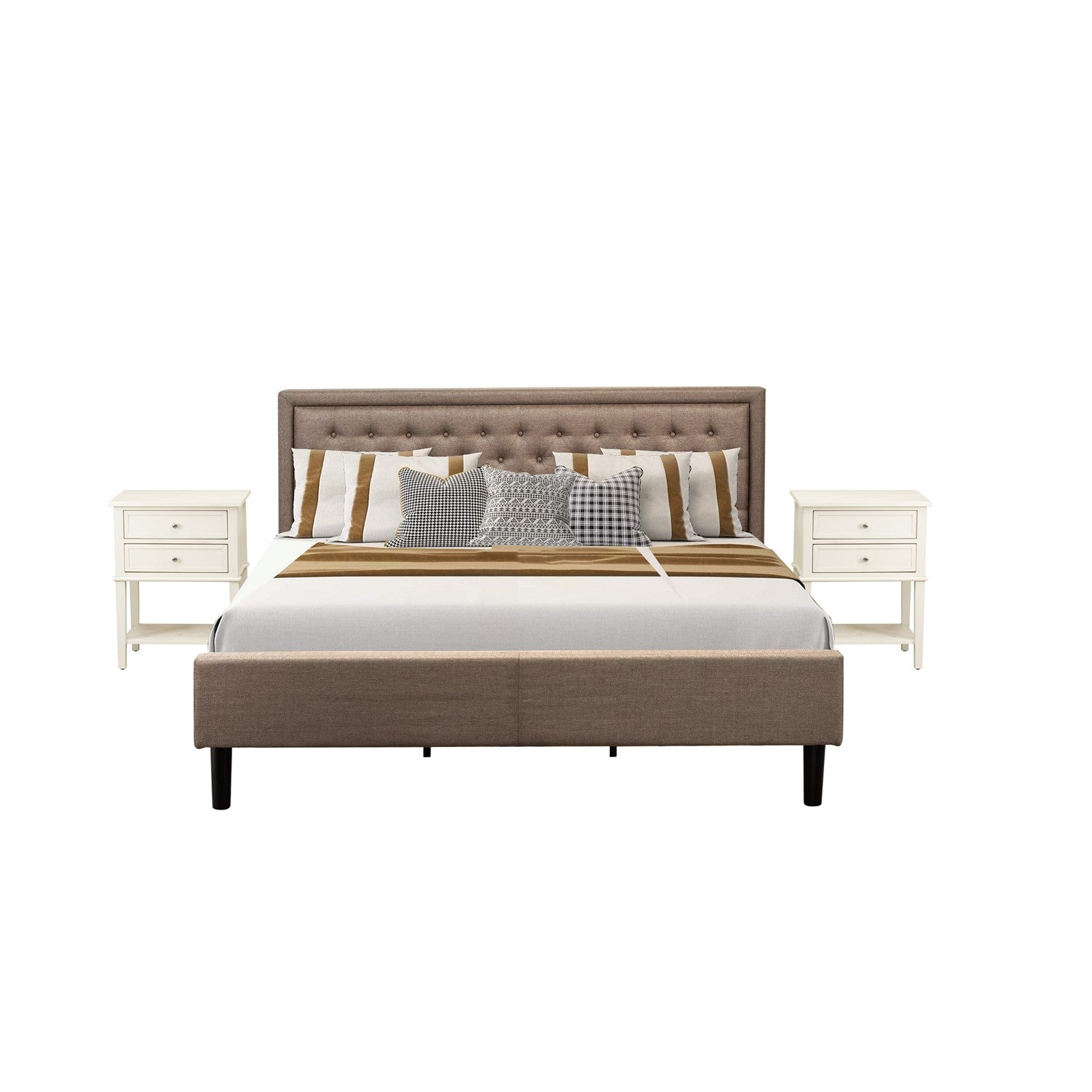 Juego de cama de 3 piezas KD16K-2VL0C: 1 cama de madera con cabecero acolchado y capitoné de lino color caqui oscuro, 2 mesitas de noche de madera con cajones de madera y patas con acabado negro.