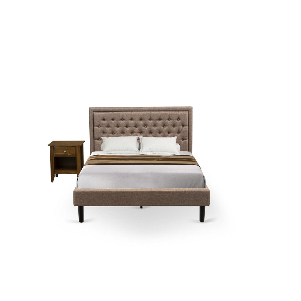 East West Furniture KD16Q-1GA08 2 Piece Queen Size Bed Set - 1 Wood Bed Frame Dark Khaki Linen Fabric Padded and Button Tufted Headboard with 1 Wood Night Stand - Antique Walnut Finish Nightstand