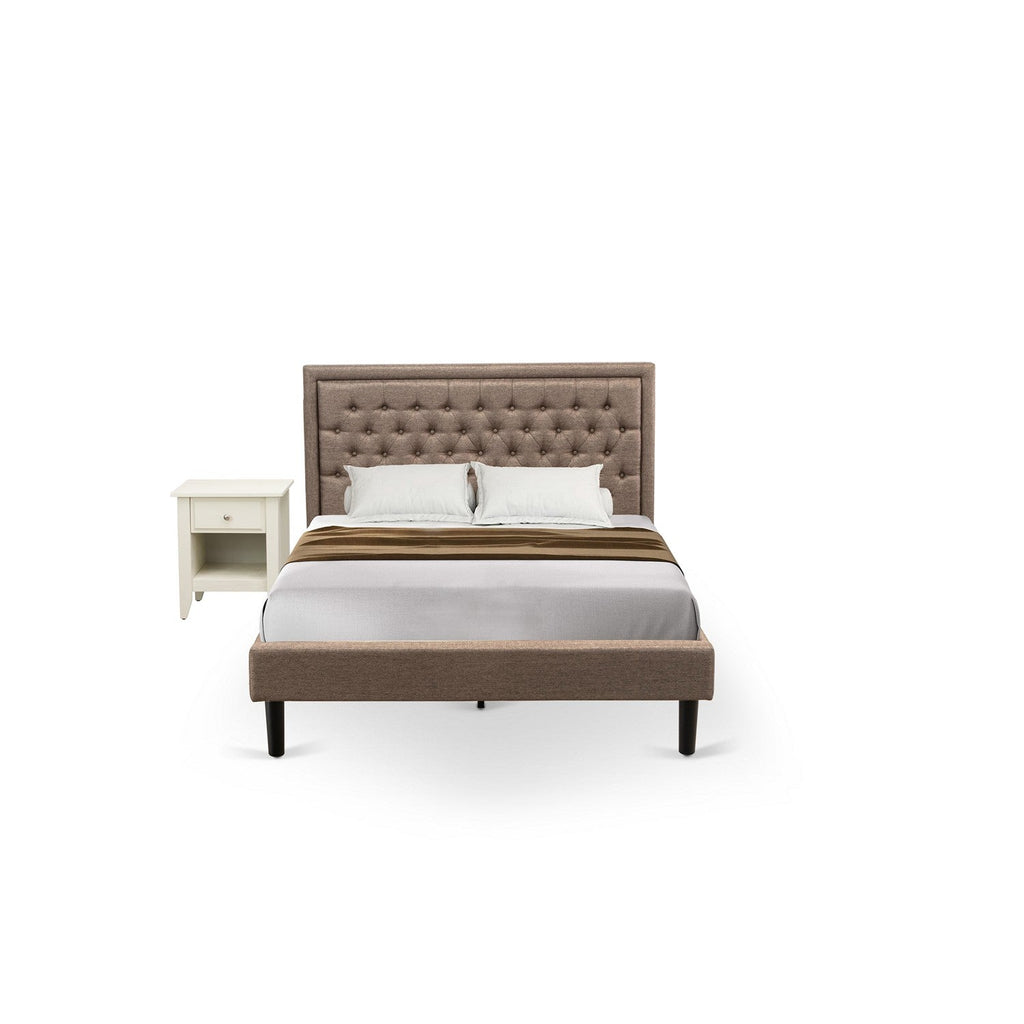 East West Furniture KD16Q-1GA0C 2 Pc Bed Set - 1 Queen Size Bed Frame Dark Khaki Linen Fabric Padded and Button Tufted Headboard - 1 Small Night Stand with Wooden Drawer - Black Finish Legs
