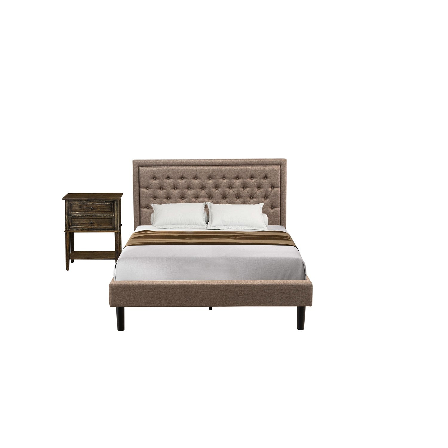 East West Furniture KD16Q-1VL07 2 Piece Queen Size Bed Set - 1 Bed Frame Dark Khaki Linen Fabric Padded and Button Tufted Headboard with 1 Wood Nightstand - Distressed Jacobean Finish Nightstand