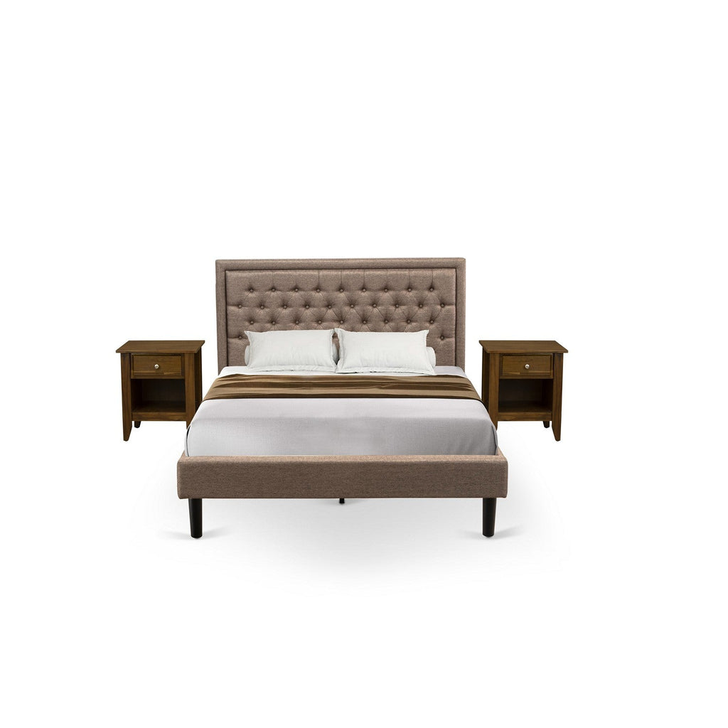 Juego de dormitorio de 3 piezas East West Furniture KD16Q-2GA08 tamaño Queen: 1 cama tamaño Queen, cabecera acolchada con botones y tela de lino color caqui oscuro, 2 mesitas de noche con cajón de madera y patas con acabado negro.