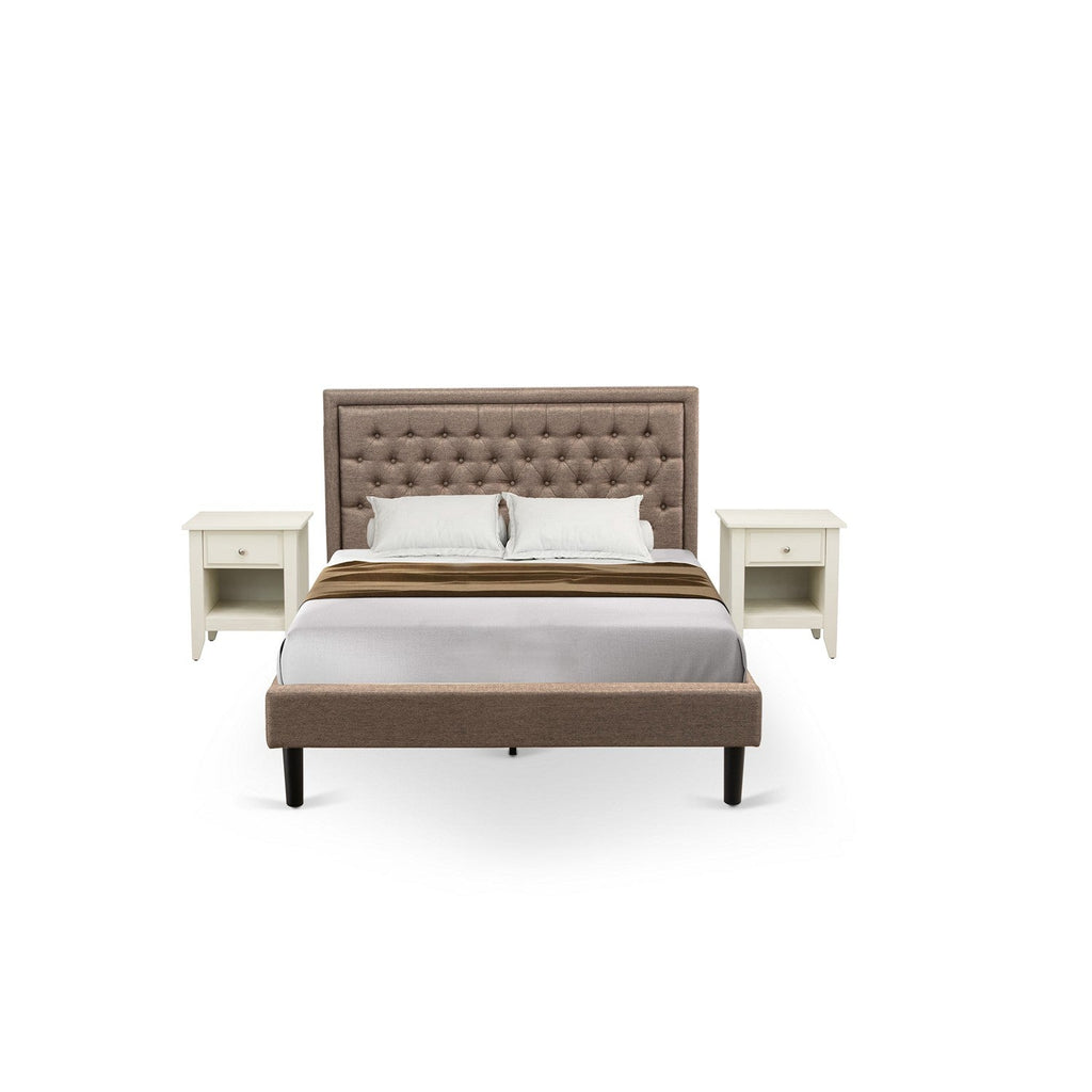 Juego de cama de 3 piezas East West Furniture KD16Q-2GA0C tamaño queen: 1 cama queen, cabecero acolchado de lino color caqui oscuro con botones, 2 mesitas de noche con cajón de madera y patas con acabado negro.